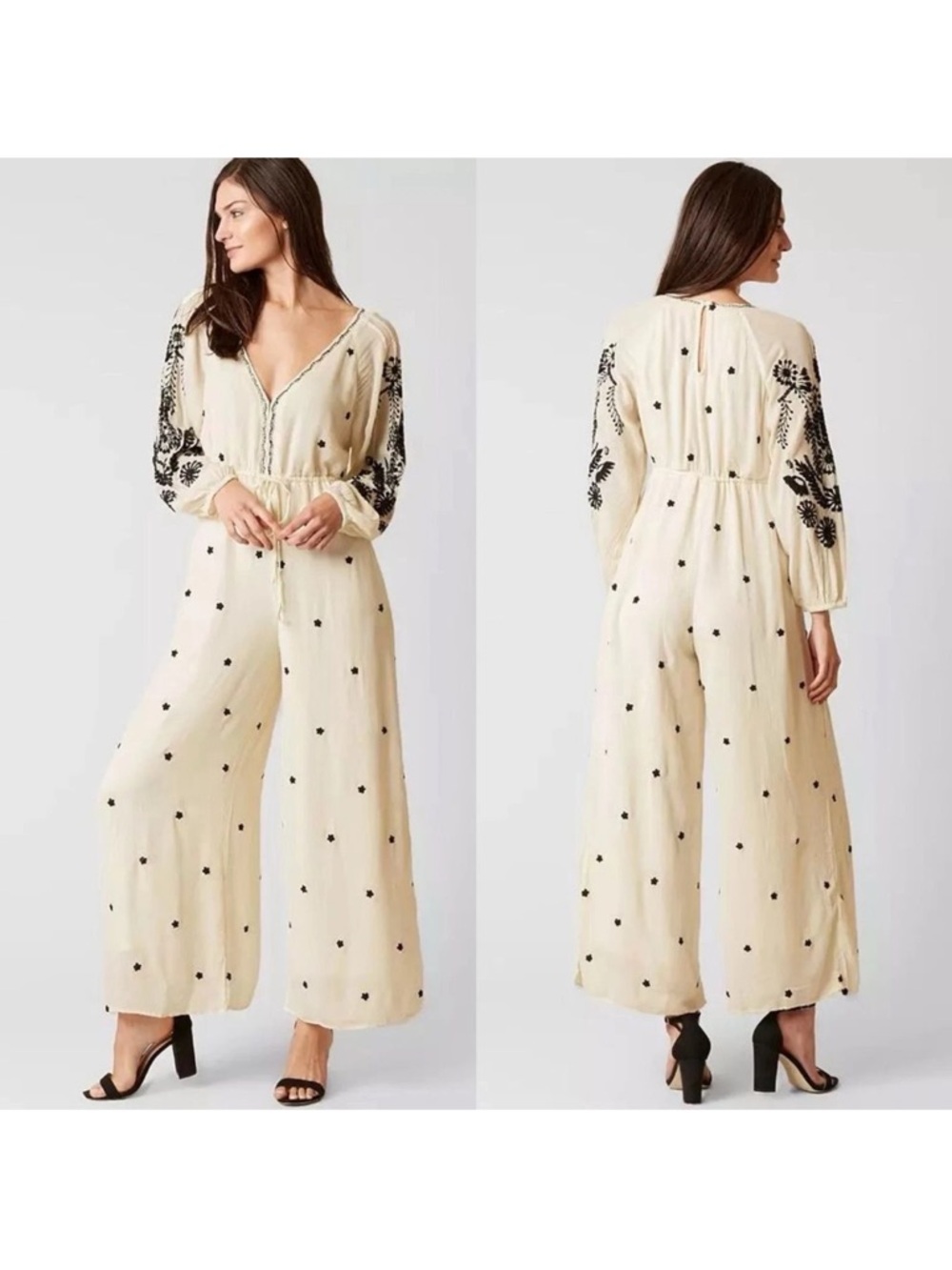 Free People Cream Wide-Leg Embroidered Jumpsuit with Black Detail